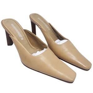 Nine West Cloud 9 Tan Leather Square Toe Slides Mules Wood Heel Pumps Womens 8M